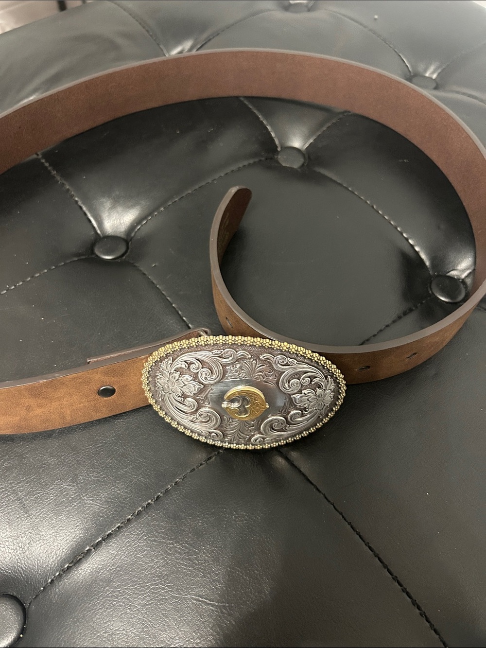 Ariat Brown Leather Belt with Ornate Silver and Gold-Tone Oval Buckle